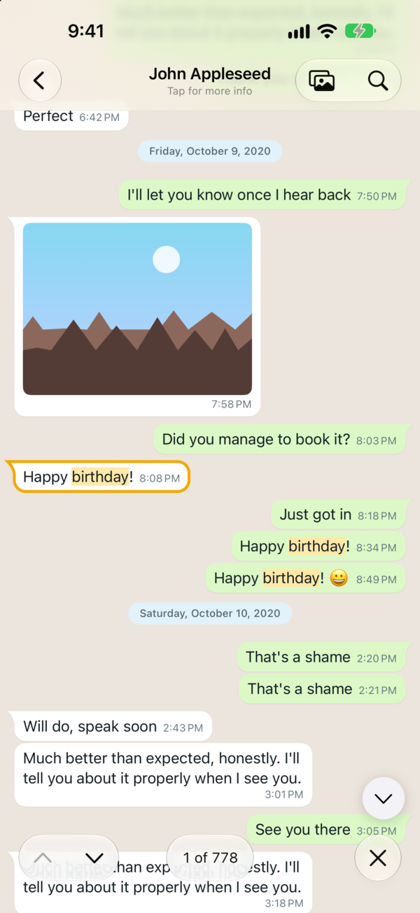 Search inside a chat: the matches highlighted, with arrows to step from one to the next.